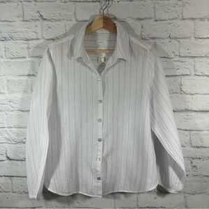 Joie 100% Linen Long Sleeve Pin Stripe White Blue Button Front Blouse Sz Large